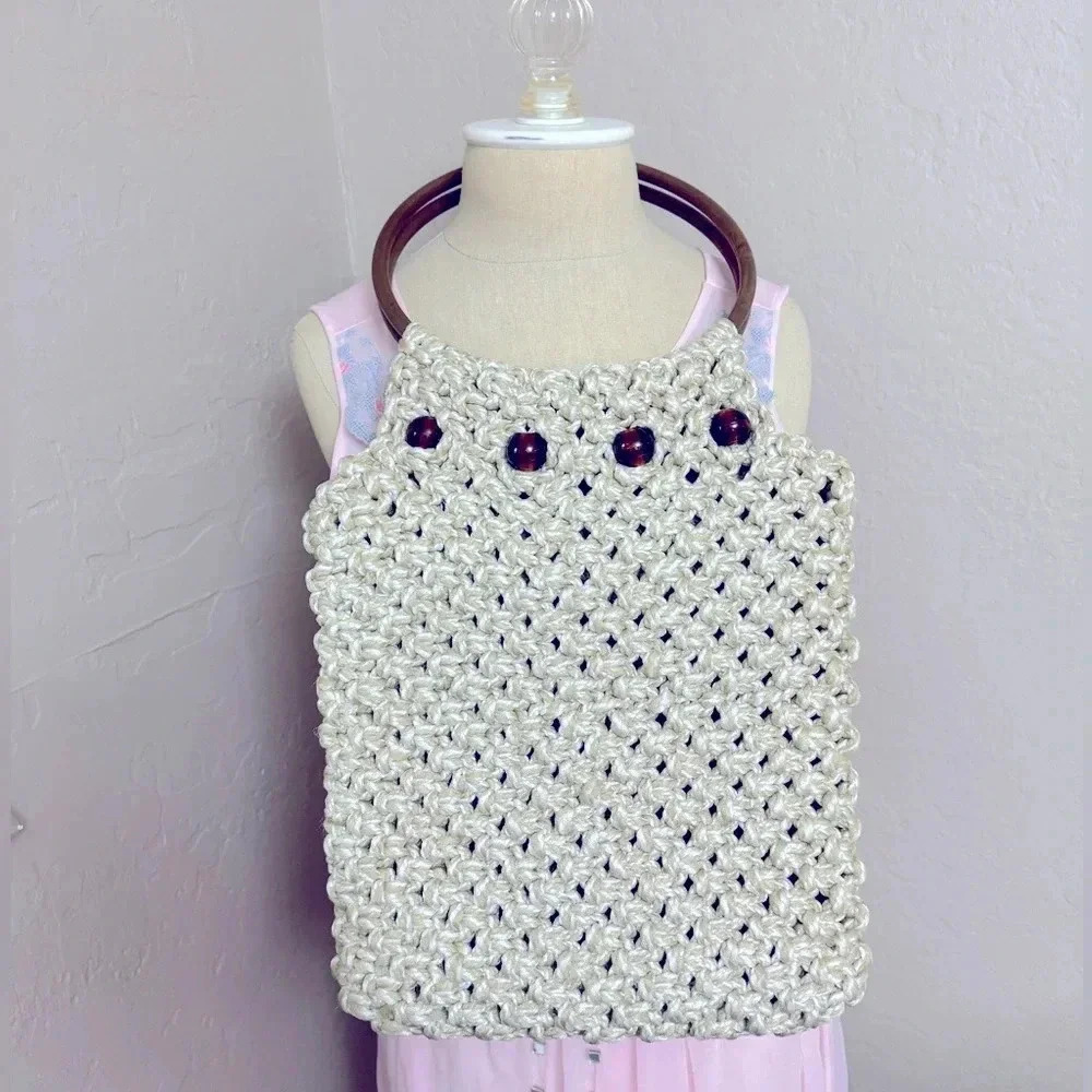 Vintage Handmade Macramé Purse Wooden Handles 70’s 80’s Hippy Kitschy Bohemian